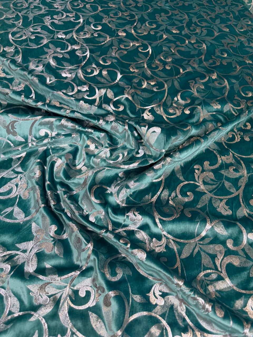 Teal Scroll — Velvet Silk Laminated Lurex — original fabric photograph