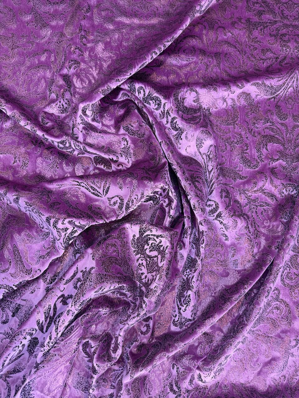 Amethyst Damask fabric: tonal ornamental motifs in amethyst tones. Original fabric photograph.