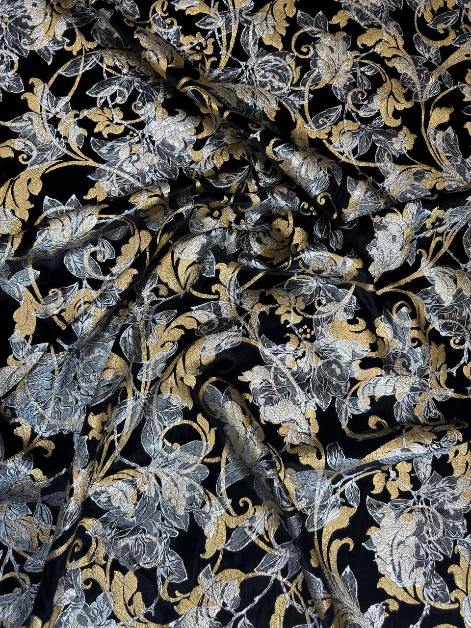 Midnight Botanical fabric: large botanical motifs in midnight, silver and gold tones. Original fabric photograph.