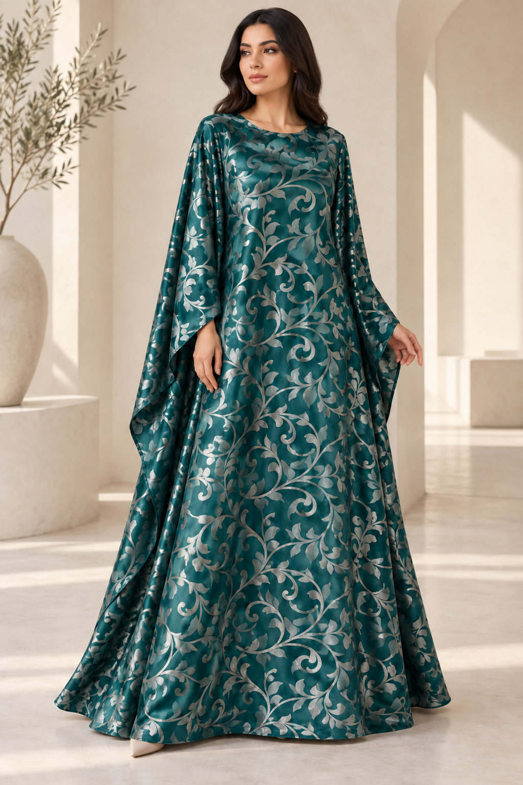 Model styling illustration using the Teal Scroll fabric design. Fabric sold separately; finished garment not included.