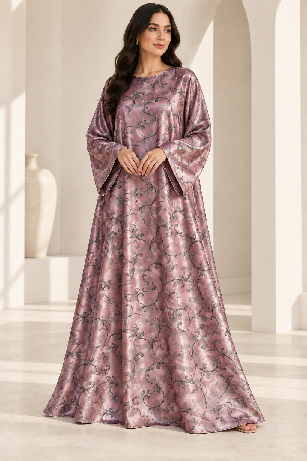 Model styling illustration using the Rose Scroll fabric design. Fabric sold separately; finished garment not included.