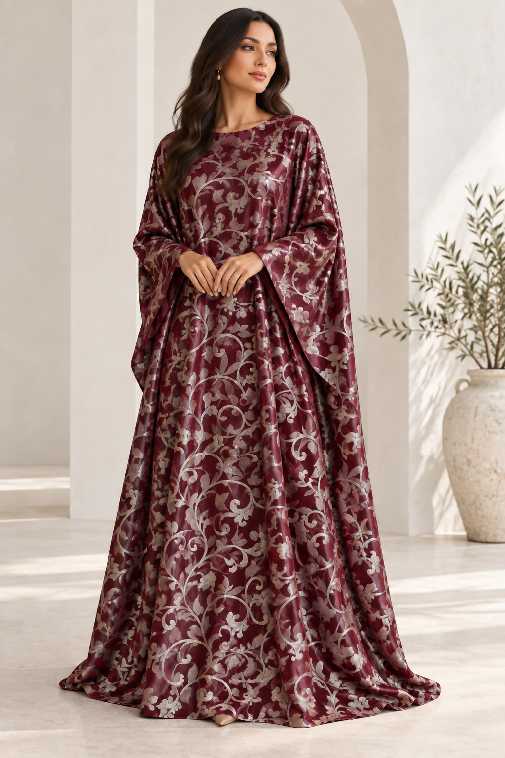 Model styling illustration using the Burgundy Scroll fabric design. Fabric sold separately; finished garment not included.