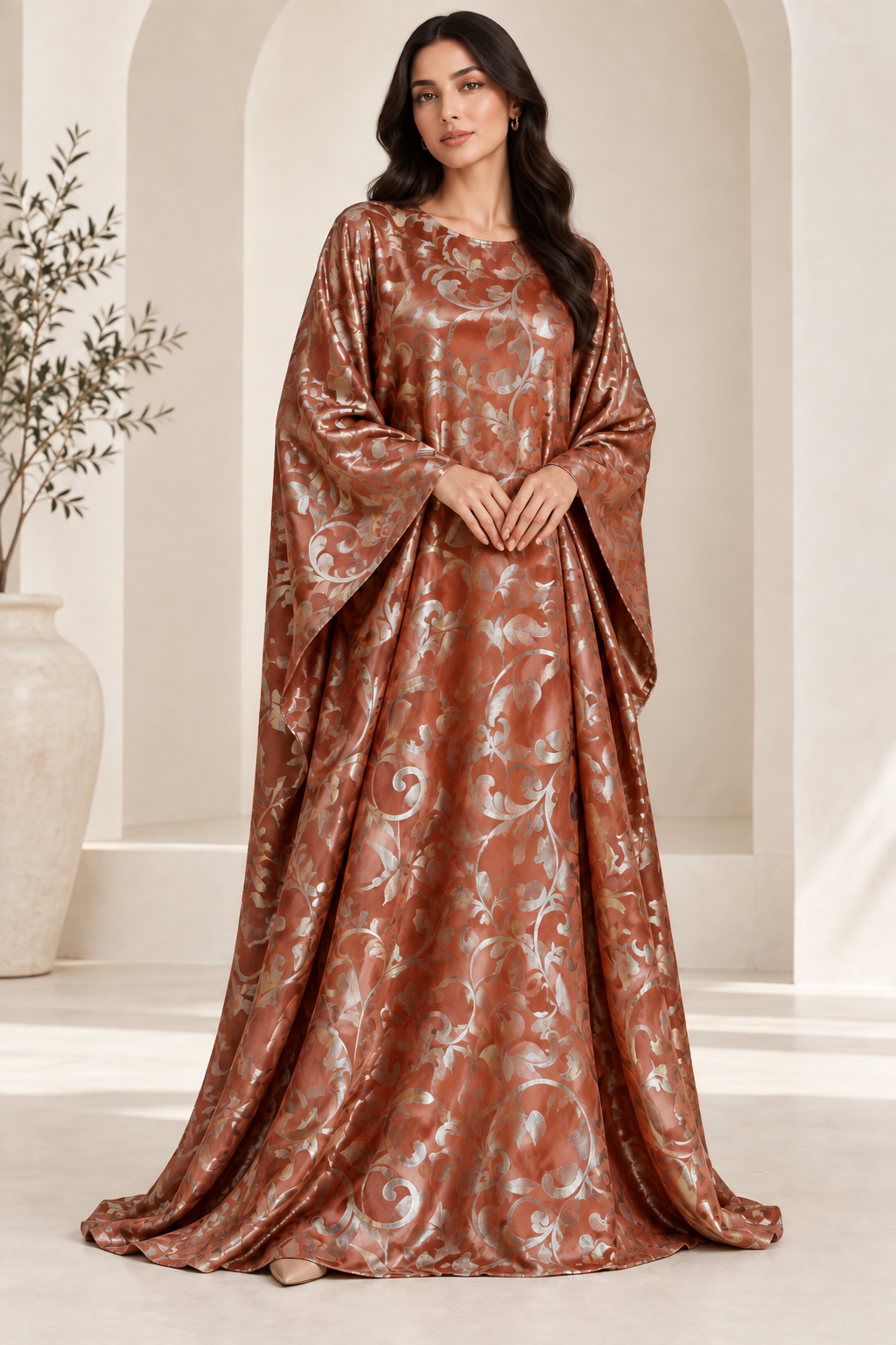 Model styling illustration using the Terracotta Scroll fabric design. Fabric sold separately; finished garment not included.