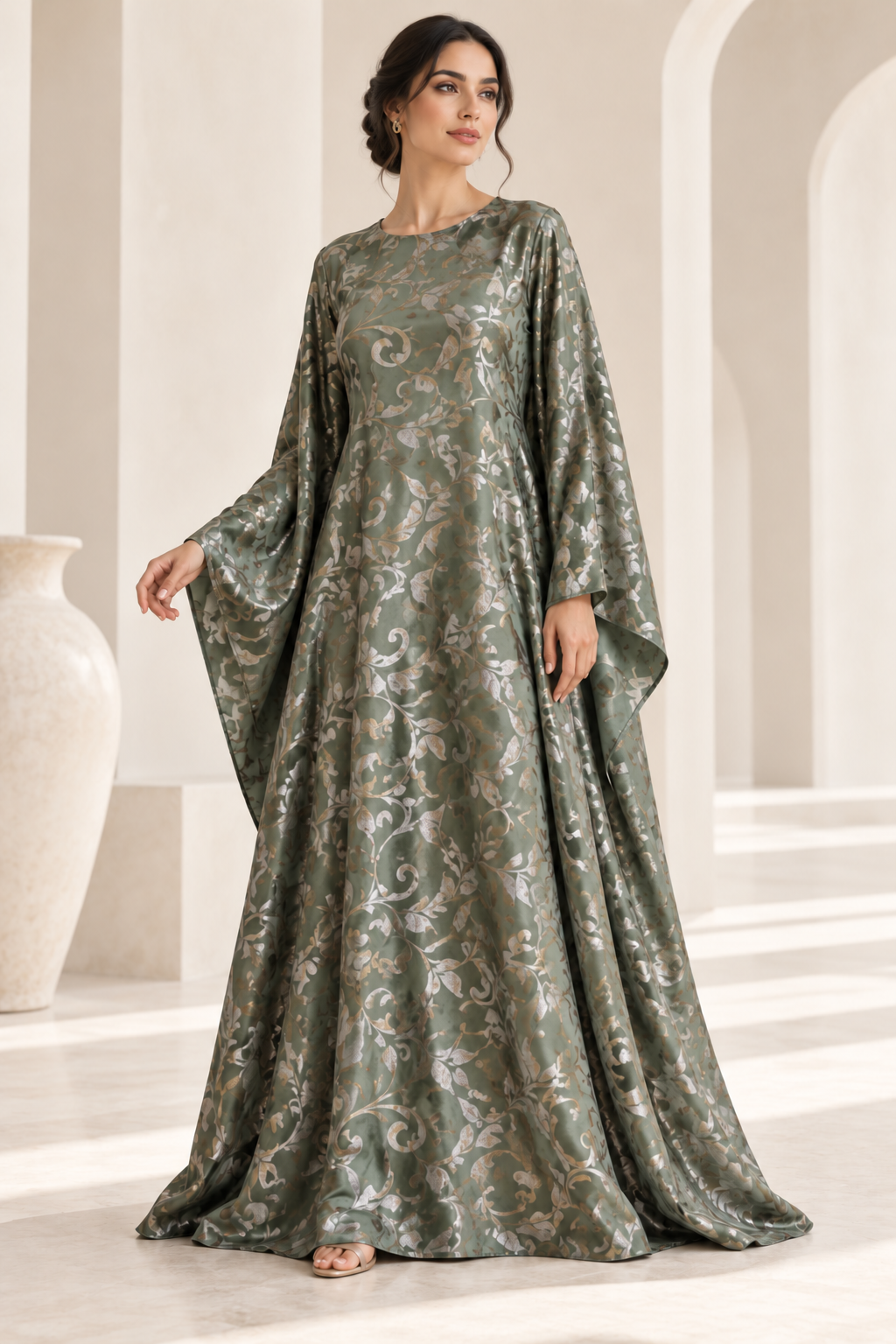 Model styling illustration using the Sage Scroll fabric design. Fabric sold separately; finished garment not included.