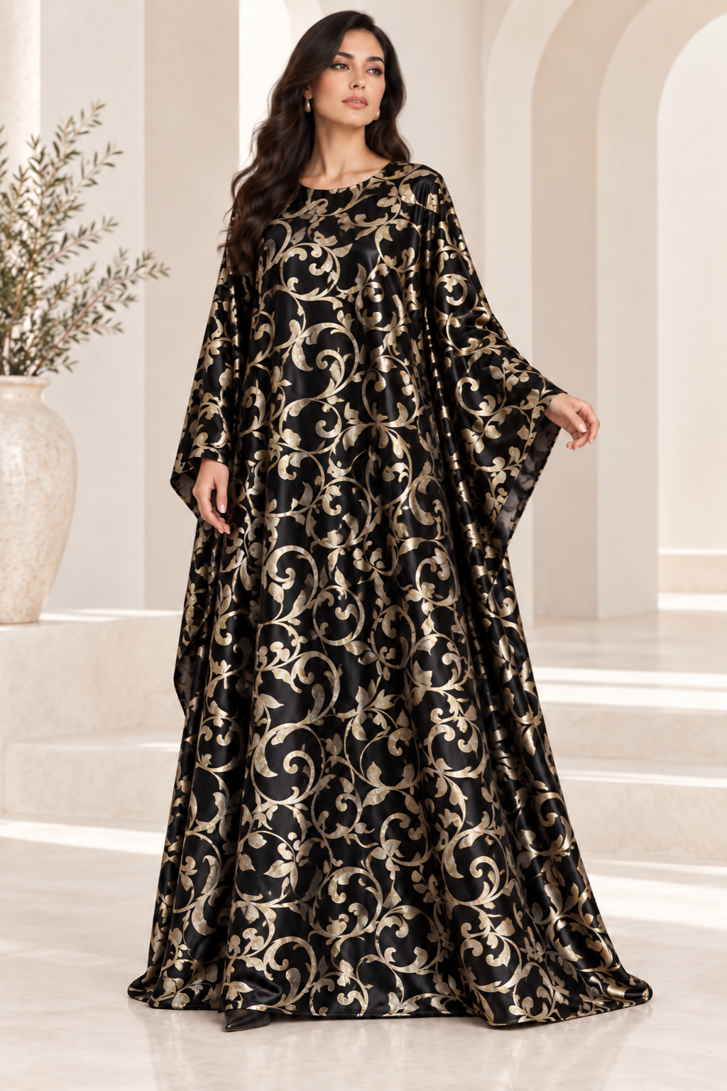 Model styling illustration using the Black & Gold Scroll fabric design. Fabric sold separately; finished garment not included.