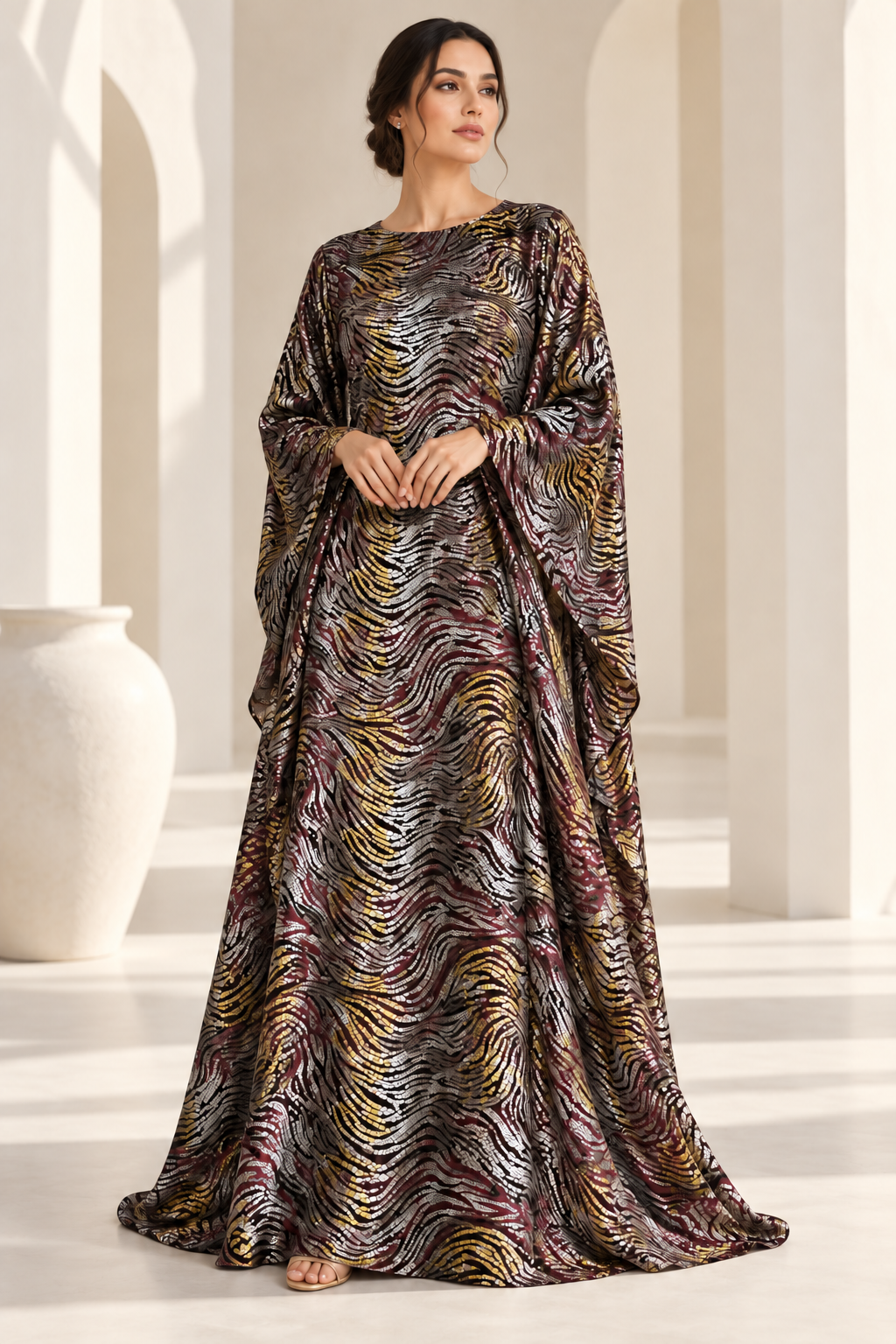 Model styling illustration using the Multicolour Wave fabric design. Fabric sold separately; finished garment not included.