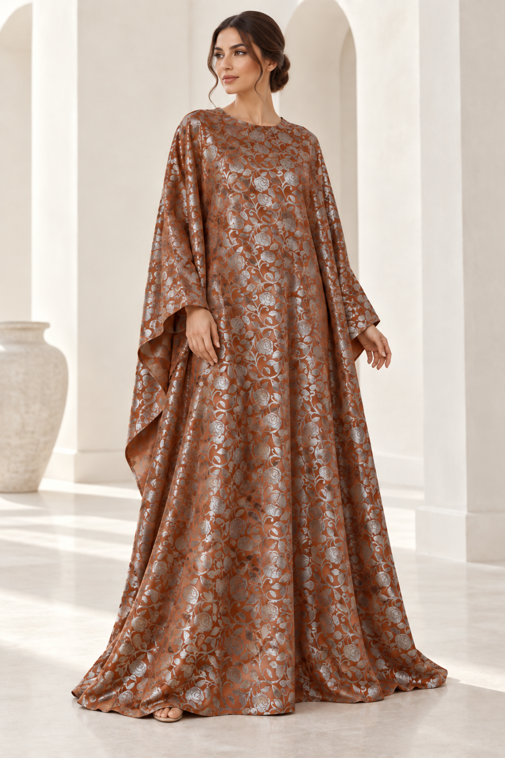 Model styling illustration using the Terracotta Leaf fabric design. Fabric sold separately; finished garment not included.