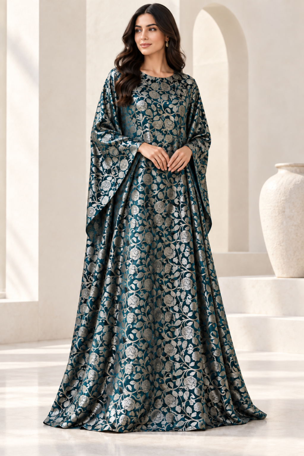 Model styling illustration using the Teal Leaf fabric design. Fabric sold separately; finished garment not included.