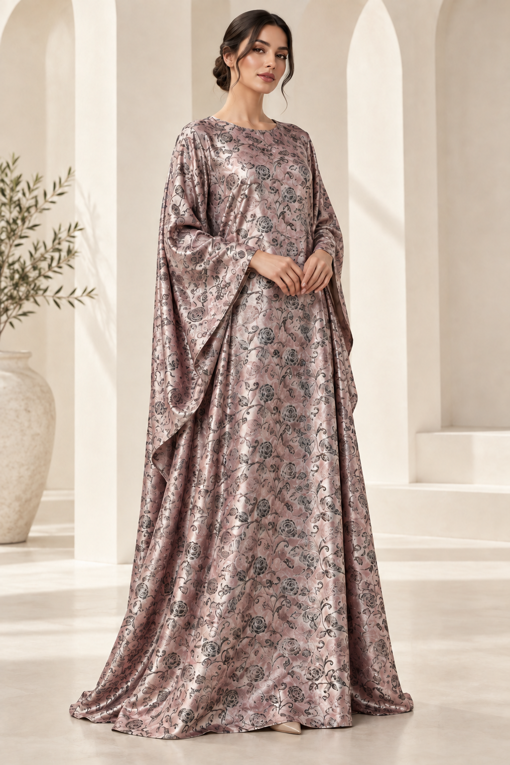 Model styling illustration using the Rose Damask fabric design. Fabric sold separately; finished garment not included.