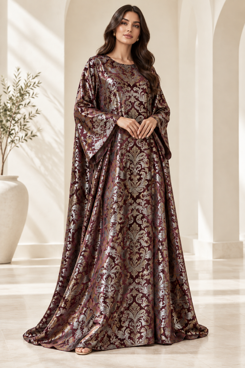 Model styling illustration using the Burgundy Damask fabric design. Fabric sold separately; finished garment not included.