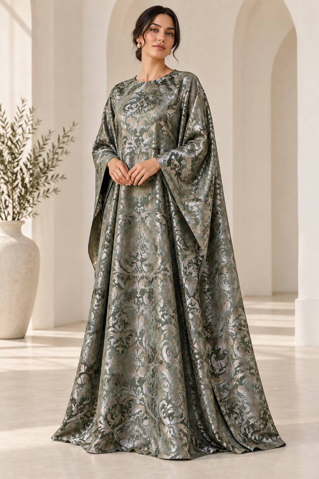 Model styling illustration using the Sage Damask fabric design. Fabric sold separately; finished garment not included.