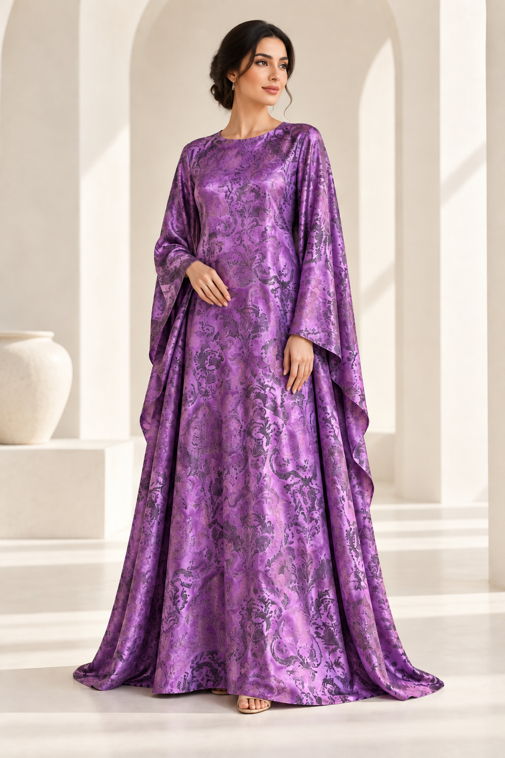 Model styling illustration using the Amethyst Damask fabric design. Fabric sold separately; finished garment not included.