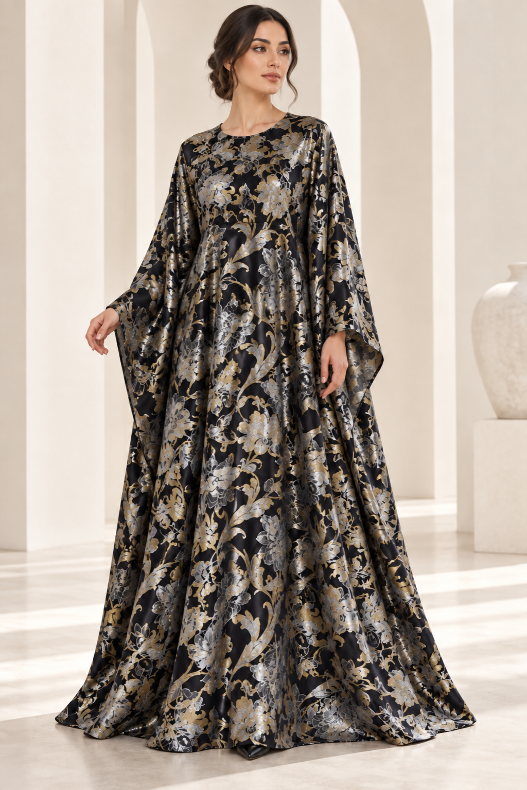 Model styling illustration using the Midnight Botanical fabric design. Fabric sold separately; finished garment not included.