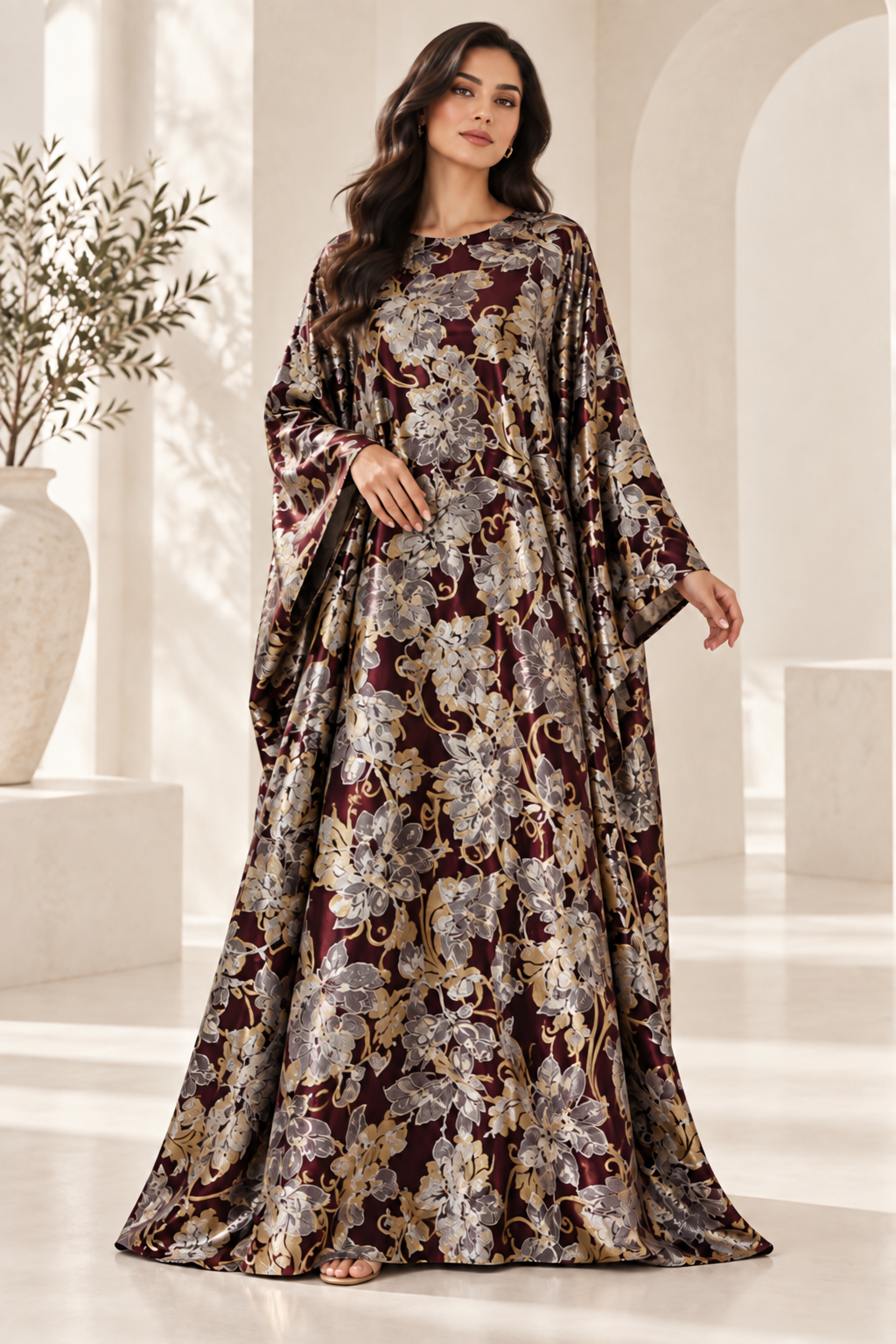 Model styling illustration using the Burgundy Botanical fabric design. Fabric sold separately; finished garment not included.