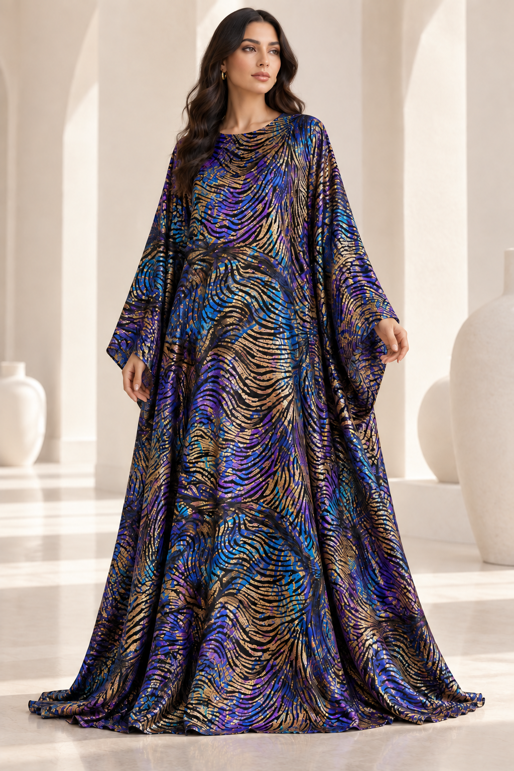 Model styling illustration using the Jewel Wave fabric design. Fabric sold separately; finished garment not included.
