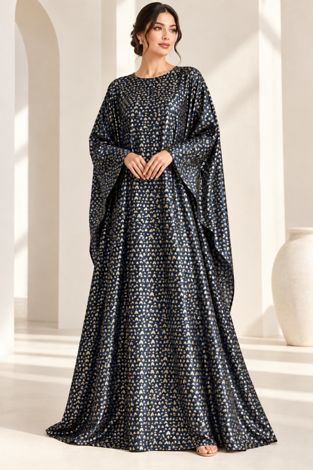 Model styling illustration using the Midnight Gold Micro Motif fabric design. Fabric sold separately; finished garment not included.