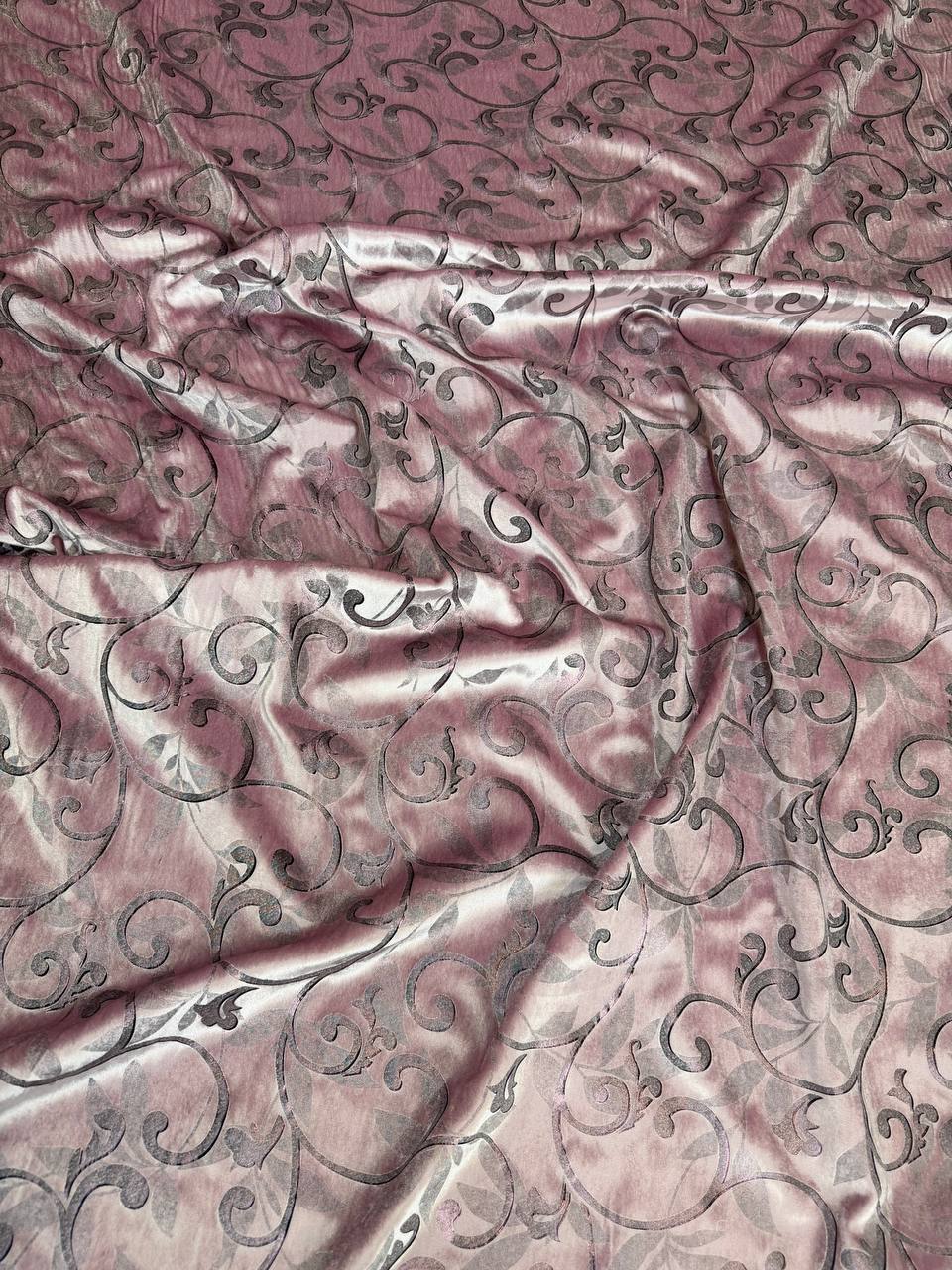 Rose Scroll fabric: scrolling motifs in dusty rose and metallic tones. Original fabric photograph.