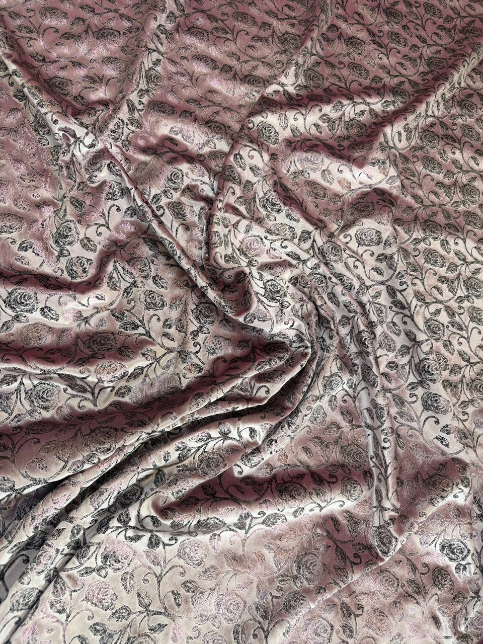 Rose Damask fabric: damask-inspired ornament in rose and metallic tones. Original fabric photograph.