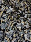 Midnight Botanical fabric: large botanical motifs in midnight, silver and gold tones. Original fabric photograph.