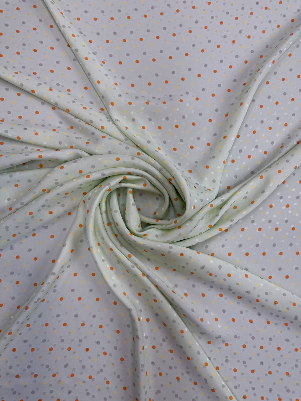 Original celadon-grey silk jacquard with orange, lilac, yellow and white dots — TG-019