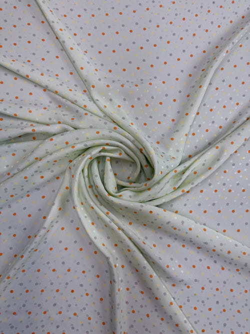 Original celadon-grey silk jacquard with orange, lilac, yellow and white dots — TG-019