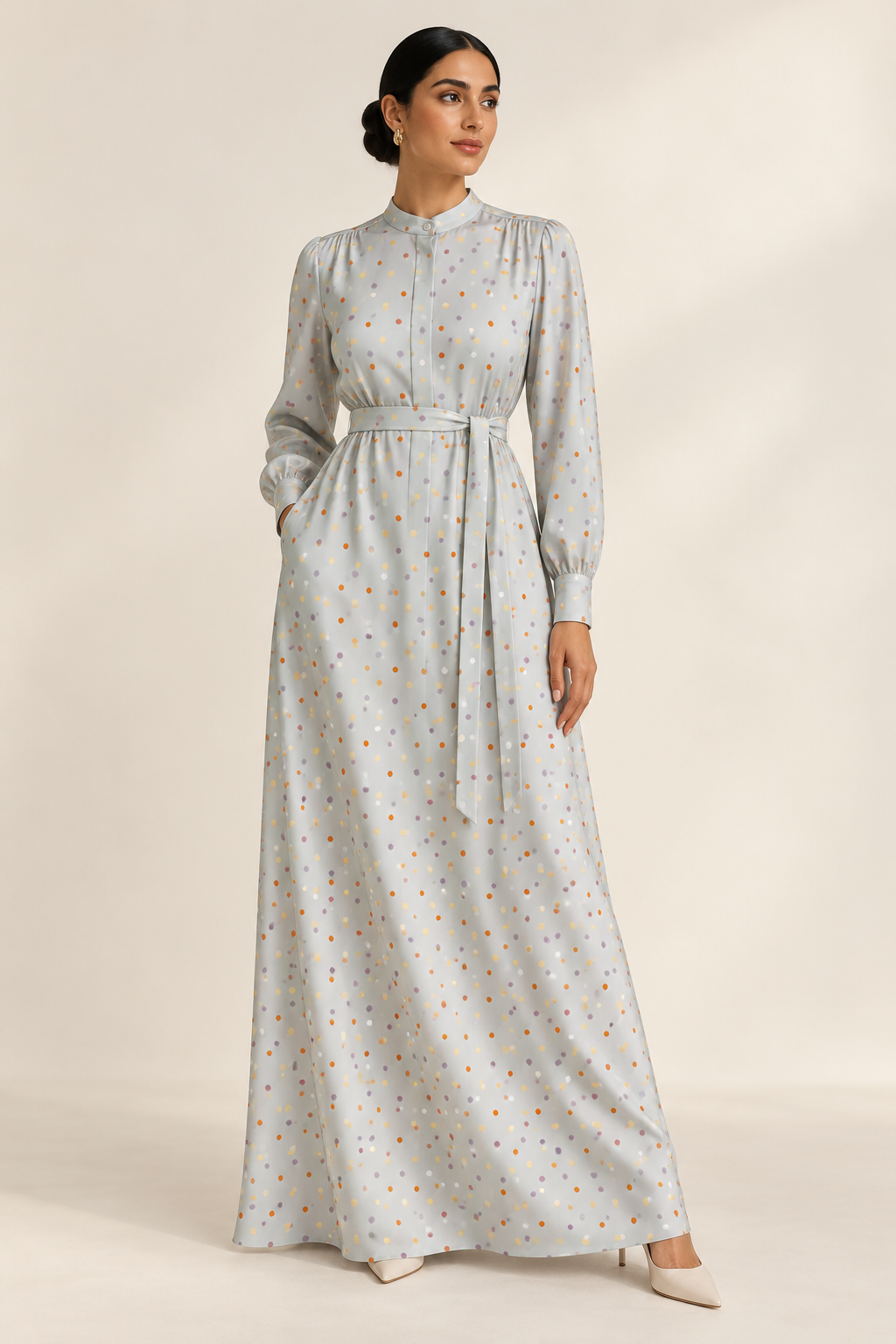 Styling illustration of TG-019 silk jacquard as a belted long-sleeved dress