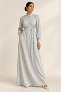 Styling illustration of TG-019 silk jacquard as a belted long-sleeved dress