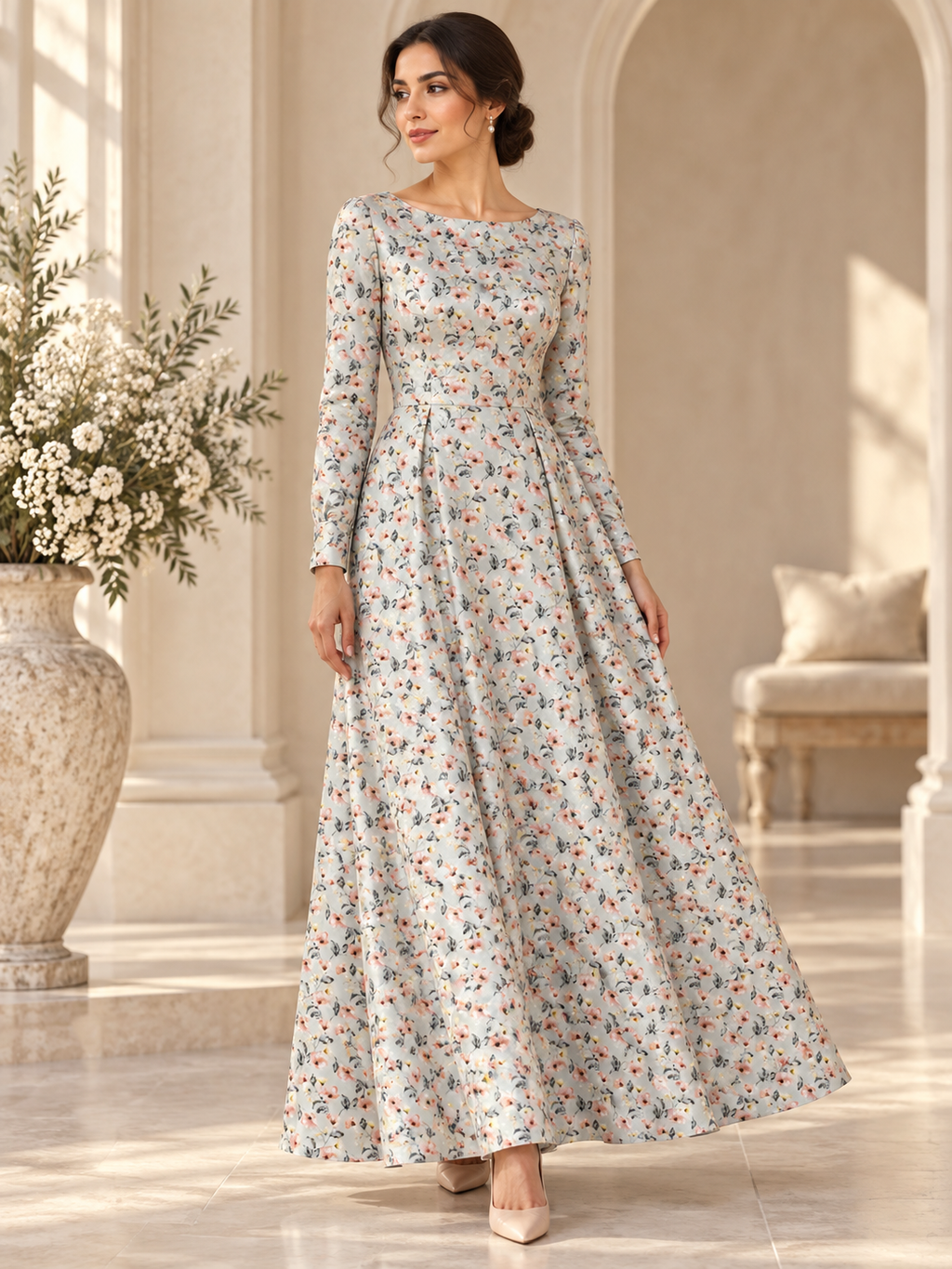 Porcelain Floral Scatter TG-020 — dress styling illustration; fabric sold separately