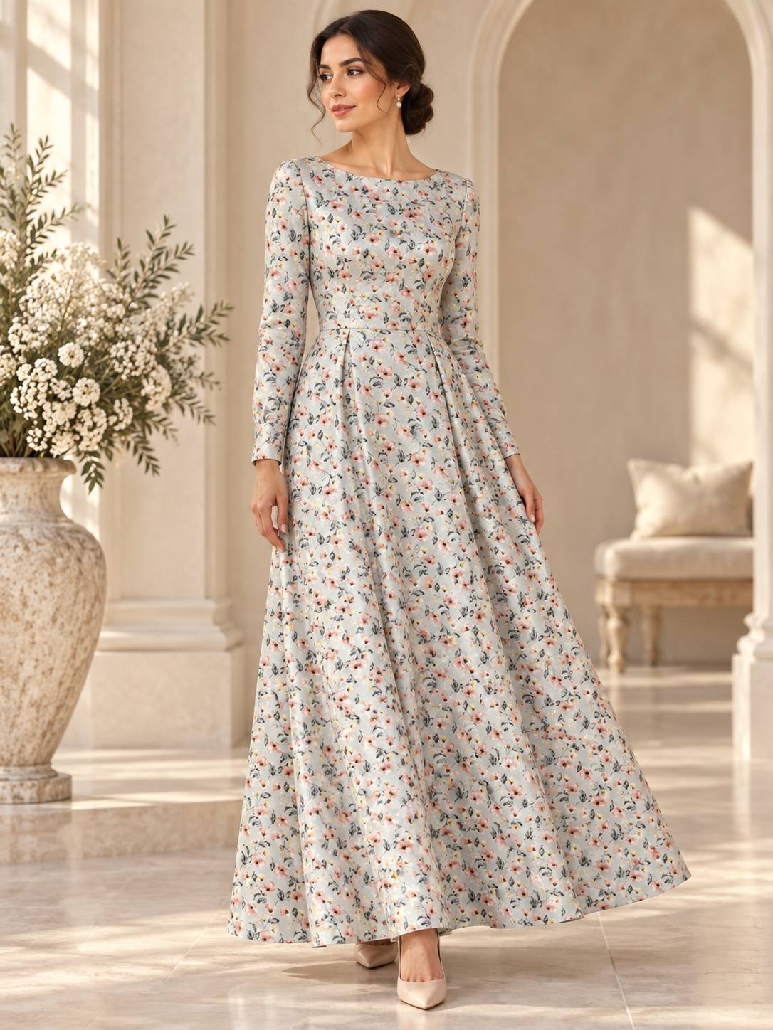 Porcelain Floral Scatter TG-020 — dress styling illustration; fabric sold separately