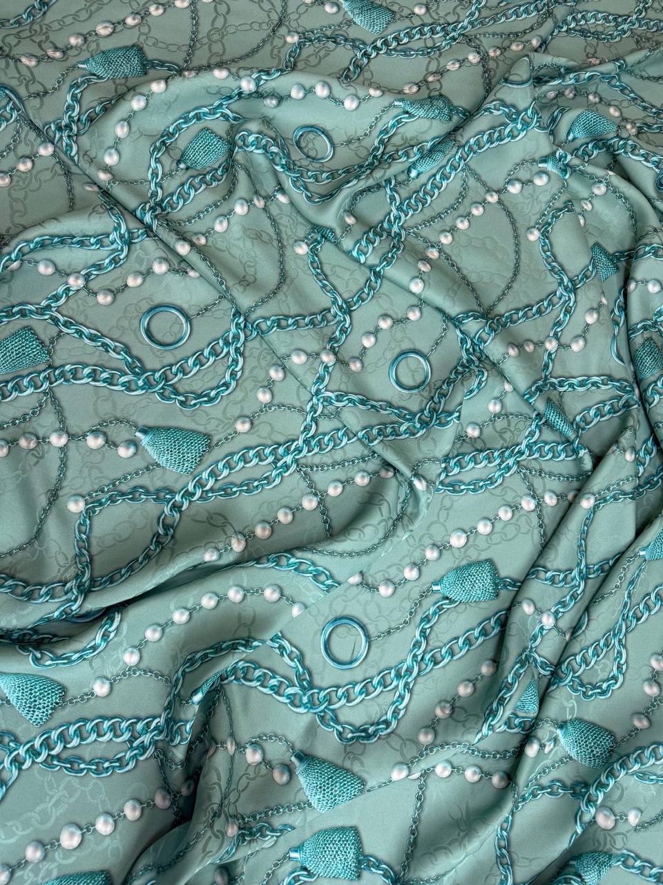 Dusty Teal Chains — Italian Silk Jacquard fabric, TG-064