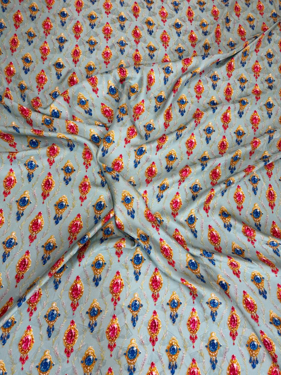 Pale Blue Red Motif — Italian Silk Jacquard fabric, TG-086