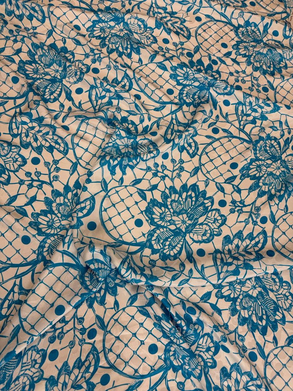 Teal Ivory Lace Motif — Italian Silk Jacquard fabric, TG-089