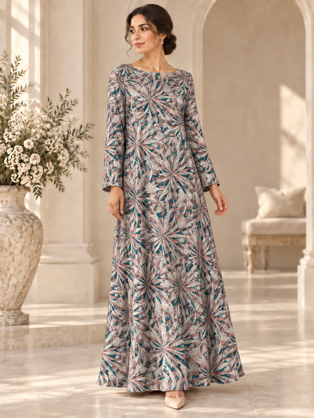 TG-112 — AI model styling illustration based on the original Silk Jacquard fabric; fabric sold separately, garment not included.