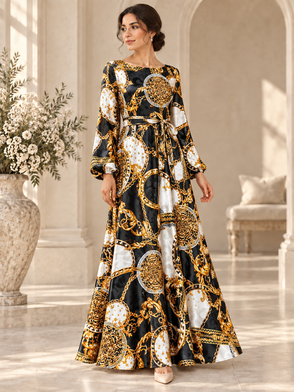 TG-127 — AI model styling illustration based on the original Silk Jacquard fabric; fabric sold separately, garment not included.