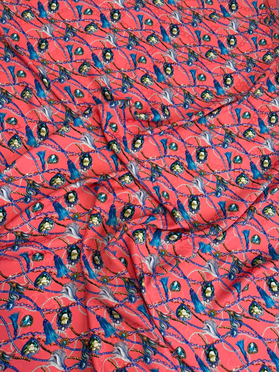 Coral Teal Decorative Motif — Italian Silk Jacquard fabric, TG-129