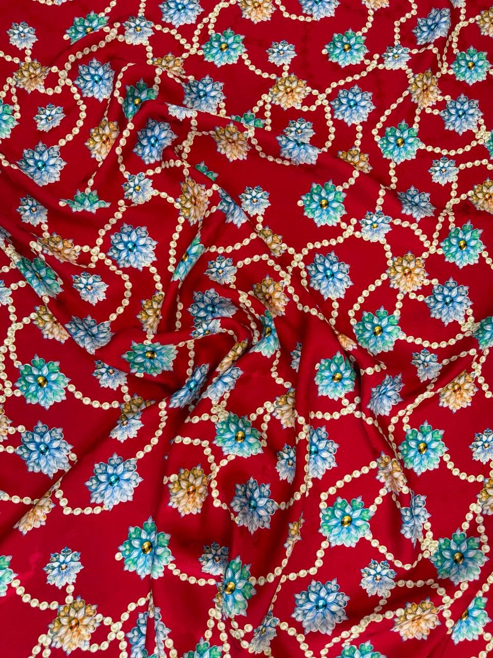 Scarlet Turquoise Floral Vine — Silk Jacquard fabric, original photograph. 