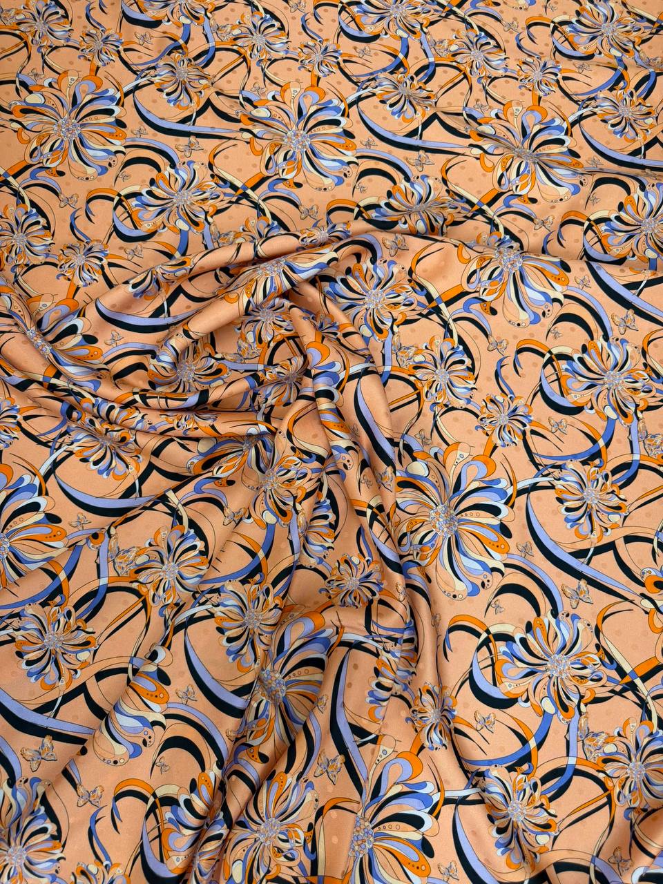 Sand Cobalt Scroll — Silk Jacquard fabric, original photograph. 