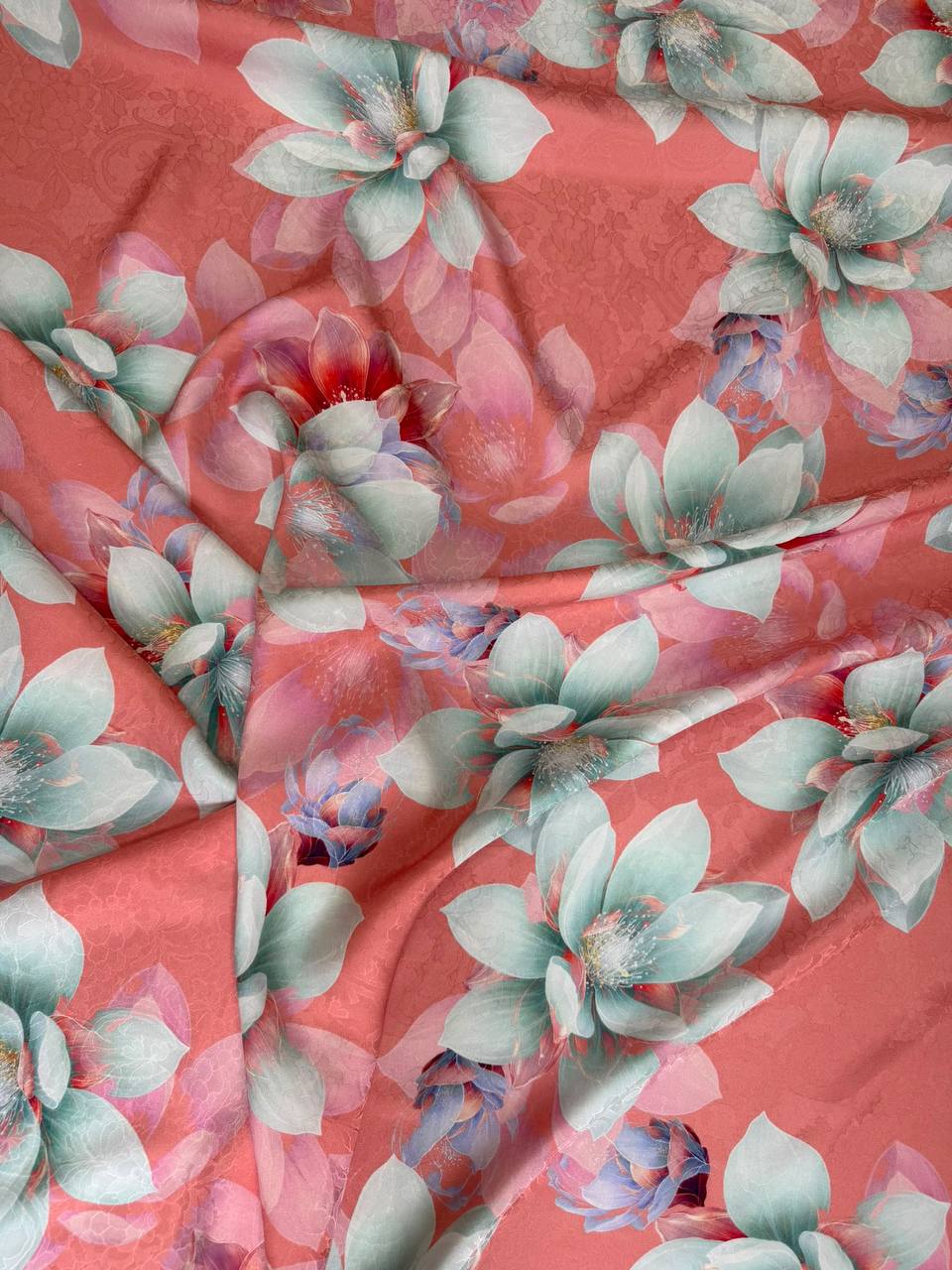 Coral Ivory Magnolia — Silk Jacquard fabric, original photograph. 