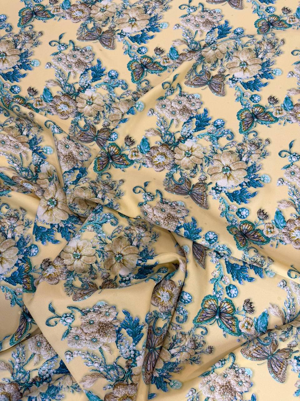 Ivory Teal Botanical — Silk Jacquard fabric, original photograph. 