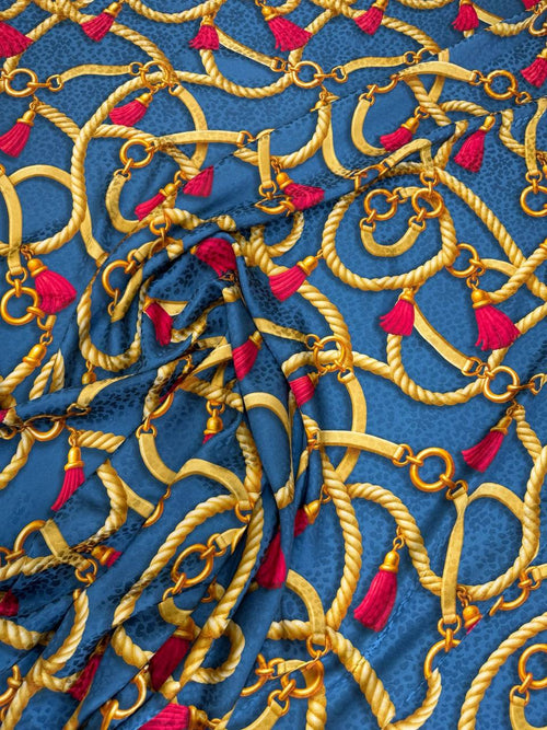 Blue Gold Ribbon Scroll — Silk Jacquard fabric, original photograph. 