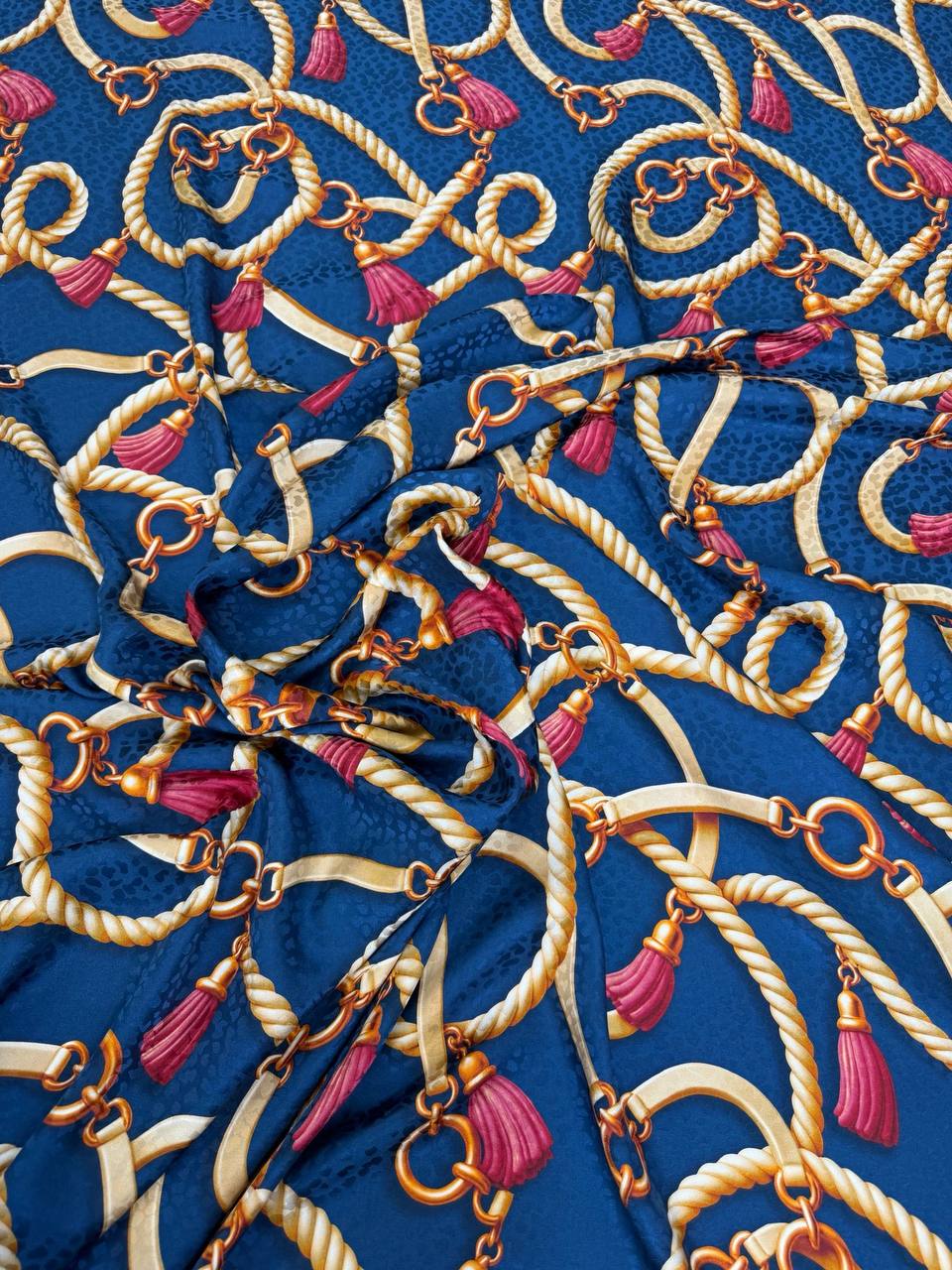 Navy Cream Chain Scroll — Silk Jacquard fabric, original photograph. 
