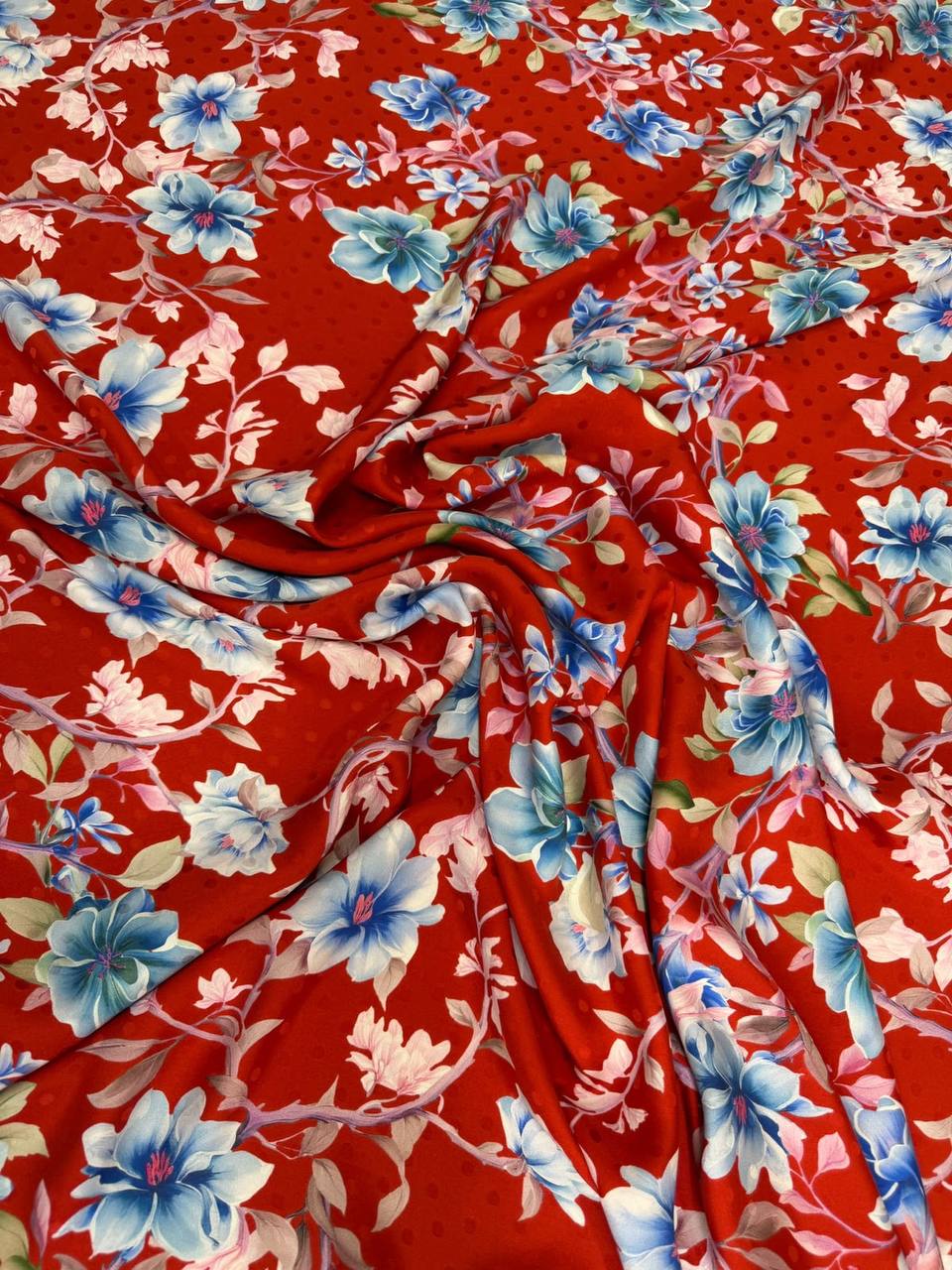Scarlet Blue Floral Bouquet — Silk Jacquard fabric, original photograph. 