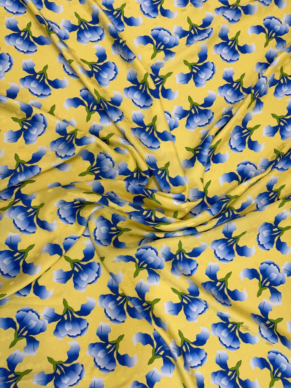 Yellow Cobalt Floral Scroll — Silk Jacquard fabric, original photograph. 
