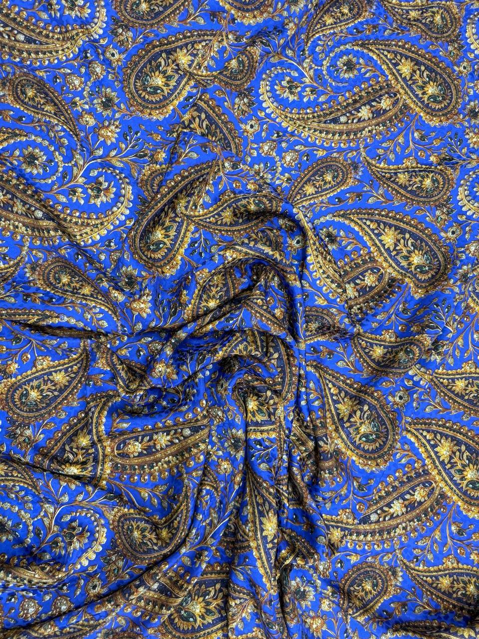 Cobalt Olive Paisley — Silk Jacquard fabric, original photograph. 