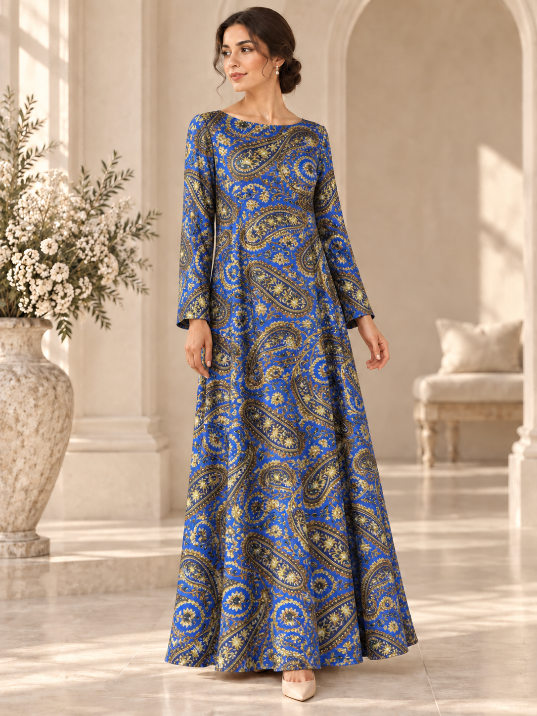 TG-172 — AI model styling illustration based on the original Silk Jacquard fabric; fabric sold separately, garment not included.