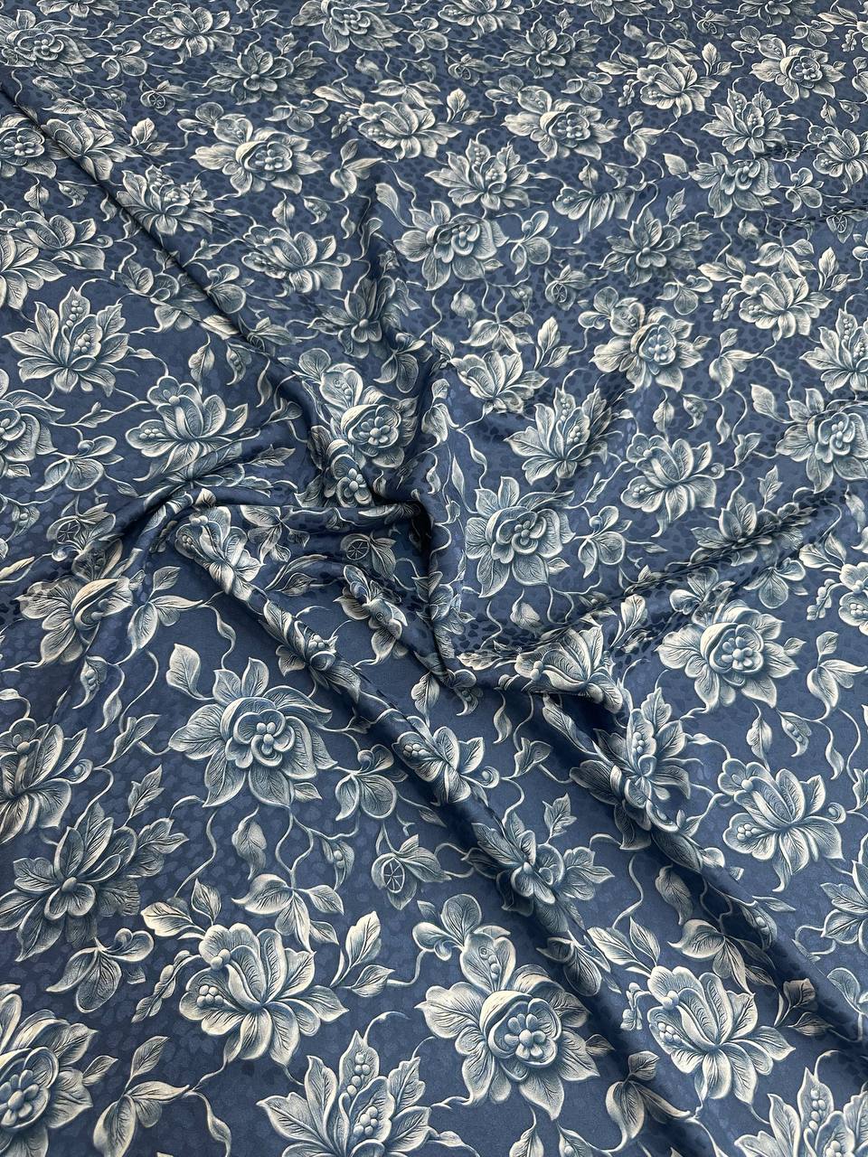 Slate Blue Ivory Floral — Silk Jacquard fabric, original photograph. 