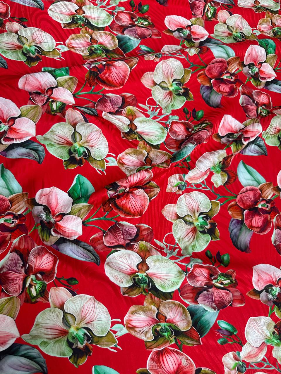 Scarlet Ivory Blossom — Silk Jacquard original fabric photograph. 