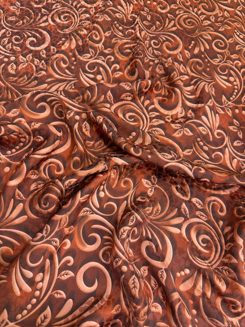 Chocolate Blush Scroll — Silk Jacquard original fabric photograph. 