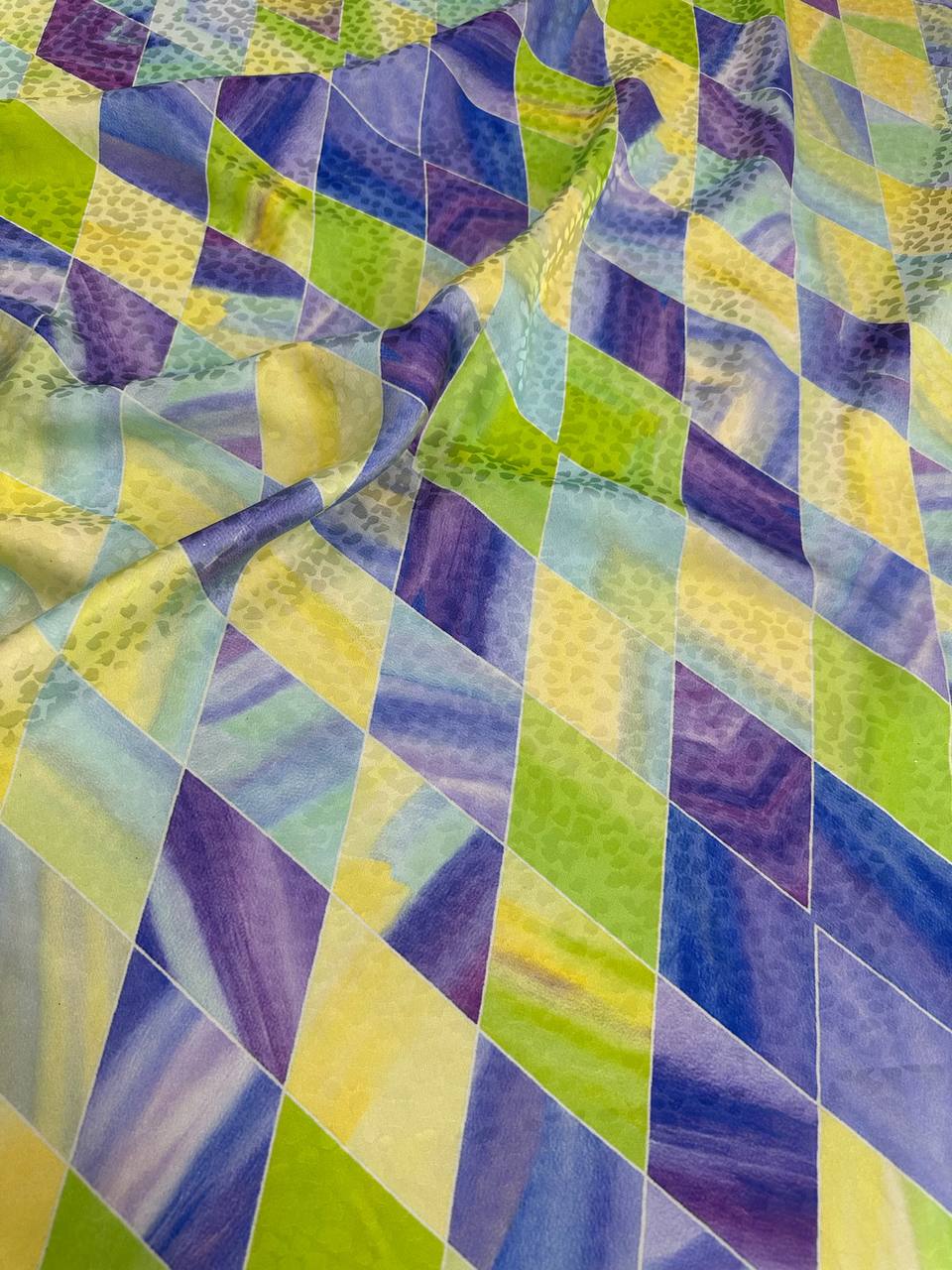 Lime Violet Geometry — Silk Jacquard original fabric photograph. 