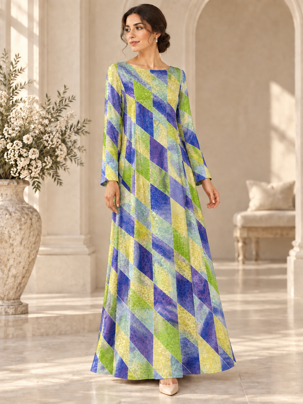 TG-195 — AI model styling illustration based on the original Silk Jacquard fabric; fabric sold separately, garment not included.